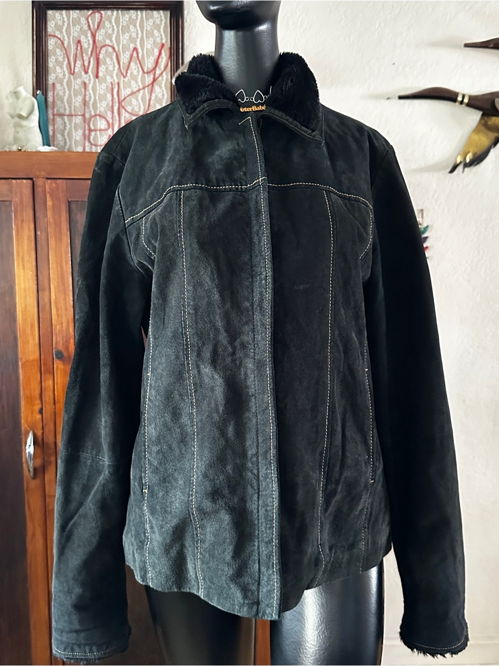 D’Carlo Vintage Black Suede Jacket with Faux Shearling Collar